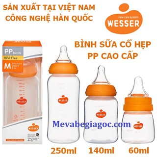 MẪU MỚI Bình Sữa Cổ Hẹp PP Kháng Khuẩn WESSER 60ML - 140ML - 250ML - Made