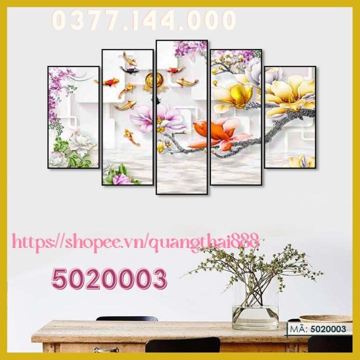 Bộ 5 Tấm Tranh treo tường Phong Thủy Hoa Mẫu Đơn Cá Chép Cửu Ngư Quần Hội Tụ phòng khách trang trí nhà cửa 5020003