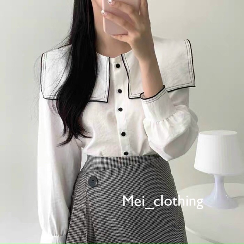 [Ảnh thật/sẵn] Áo sơmi cổ vuông viền đen thanh lịch/ sơ mi nữ