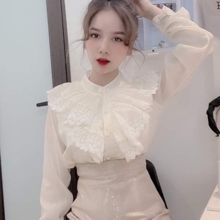Áo sơ mi nữ kiểu tiểu thư cổ trụ nút ngọc dài tay bồng vải voan 2 lớp - Áo sơ mi nữ form rộng trắng đi học kem công sở