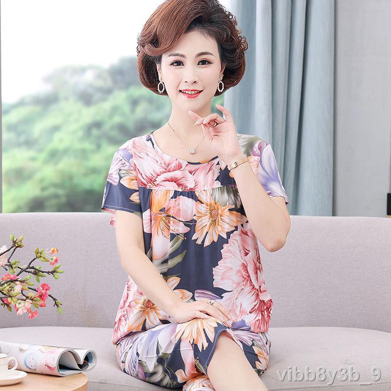 pyjamas nữ đồ ngủ cotton lụa phù hợp với người trung niên ngắn tay phục vụ tại nhà size lớn già có thể mặc bên ng