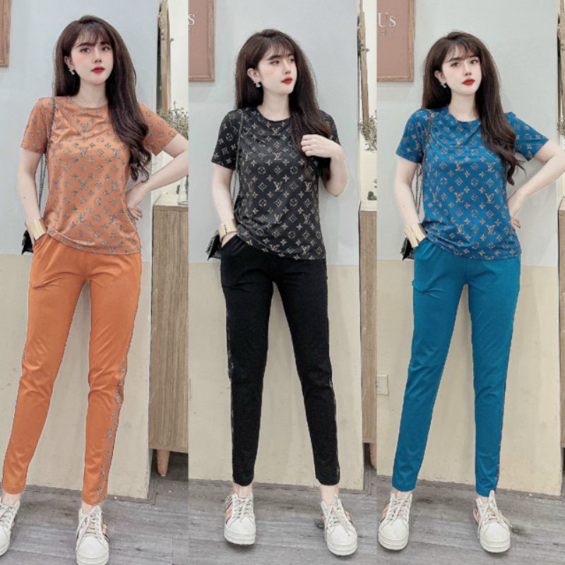 Sét đồ bộ thun cotton nữ in họa tiết Lvi cao cấp mẫu mới giá rẻ đẹp có bigsize, mẫu bộ đồ mặc ở nhà đi chơi mùa hè