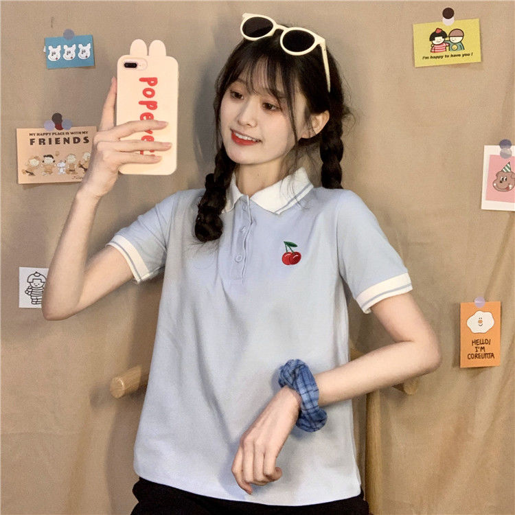 Áo Thun Polo Ngắn Tay Thêu Họa Tiết Cherry Xinh Xắn Dành Cho Nữ | BigBuy360 - bigbuy360.vn