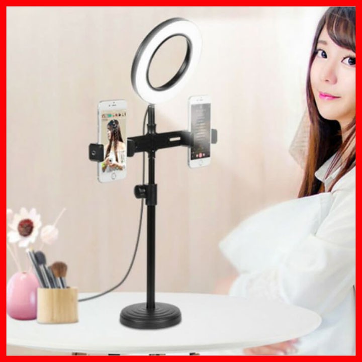 Giá Đỡ 2 Điện Thoại Có Đèn Led LiveStream,Kẹp Điện Thoại Để Bàn Quay Video Tiktok Có Đèn Led 3 Màu Chữ T Đường Kính 16cm