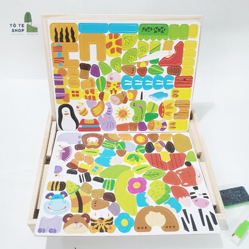 Xếp hình nam châm chủ đề thú rừng , lắp ráp trang phục thú rừng Forest Paraddise, bảng 2 mặt kèm phấn cà bút dạ MWZ-2015