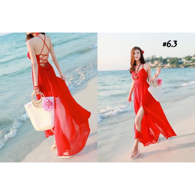Váy maxi đan lưng xẻ tà
