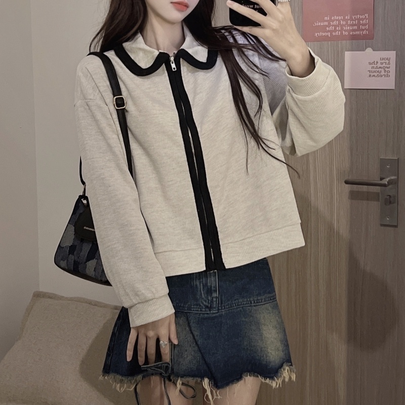 Áo khoác cardigan ZHELIHANGFEI thiết kế dài tay cổ polo phối khóa kéo thời trang