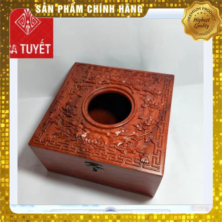 [Mỹ Nghệ Đồng Kỵ] HỘP ĐỰNG GIẤY ĂN GỖ HƯƠNG VUÔNG 20x20 CHẠM HOA HỒNG - ẢNH THẬT