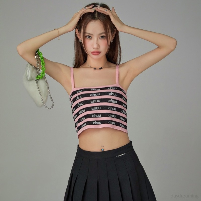 Áo Croptop Dệt Kim Không Tay Dáng Ôm In Chữ Thời Trang Cho Nữ