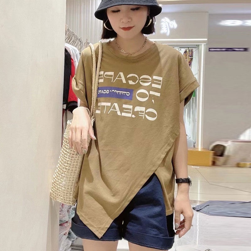 Áo Thun Tay Ngắn In Chữ Thiết Kế Bất Đối Xứng Phong Cách Hàn Quốc Trẻ Trung Cho Nữ