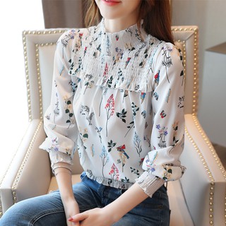 Áo sơ mi hoa cổ đứng dài tay thanh lịch cho nữ