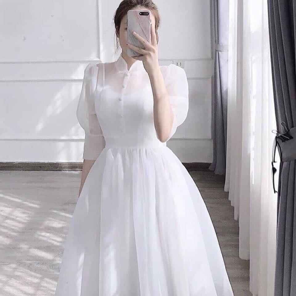 Đầm váy nữ dự tiệc trắng dáng xòe nút bọc dễ thương công chúa tiểu thư thắt nơ sau xinh đẹp