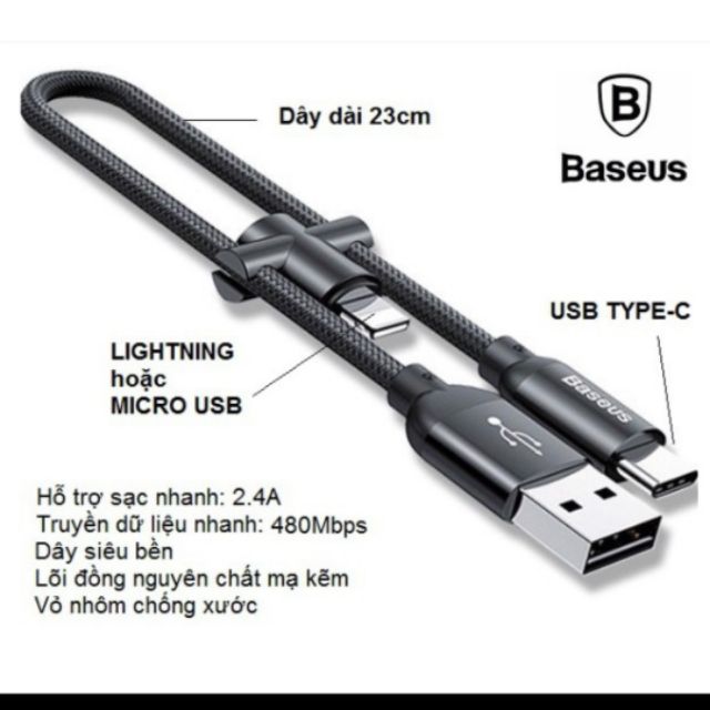 Cáp Sạc Nhanh Baseus U-Shaped Portable Dây Ngắn 23cm Cổng Type C Có Tích Hợp Thêm Cổng Lightning/ Micro USB 4.8