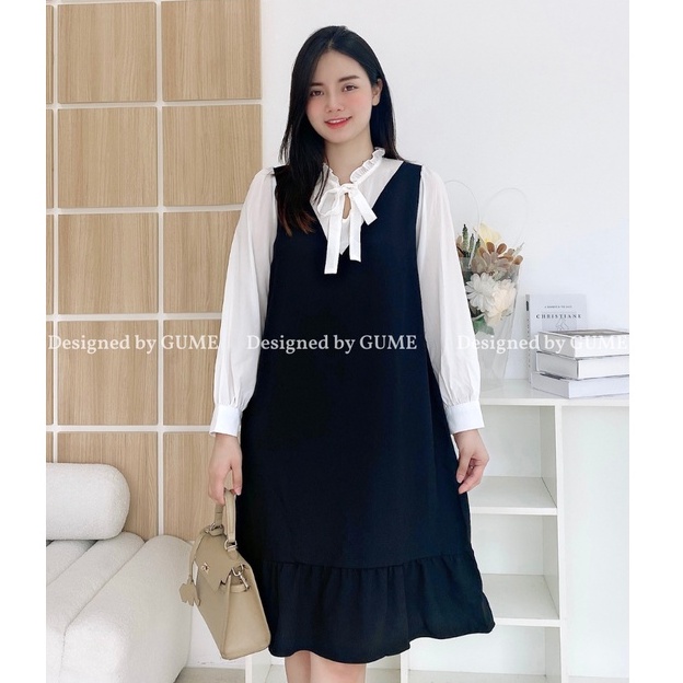 Váy bầu bigsize - Đầm bầu thiết kế GuMe màu đen dáng đuôi cá nhẹ phối trắng giả yếm vải sạn lụa GUME 40-120KG- MB116