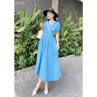 Đầm Nữ NHẬT VY Cổ V Nhún Bèo Phối Viền Ren Chất Kaki Thun Công Sở Chiết Eo Dáng Xòe Màu Xanh, Đen  - D2286