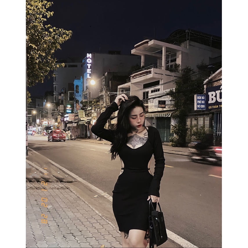 Đầm body sexy khoét eo peachstore, chất thun bo gần 2 màu Xanh ngọc và đen size S M  AQ01