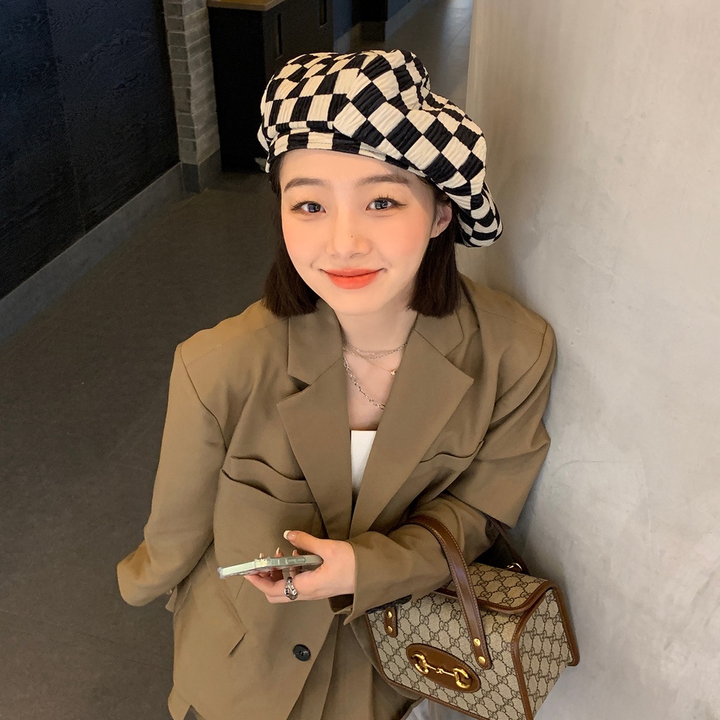 Mũ nồi phối sọc caro phong cách vintage Hàn Quốc