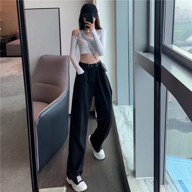 Quần jean nữ ống suông màu đen trắng xanh hồng cạp cao gài khuy điều chỉnh eo phom rộng phong cách Ulzzang tặng túi thơm | BigBuy360 - bigbuy360.vn