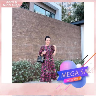 Váy thô hoa tay bồng cổ tròn dáng dài rộng vintage - đầm suông tay bồng cổ tròn