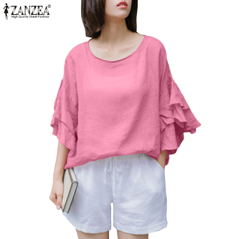 Áo Sơ Mi Kiểu Zanzea Dáng Rộng Nhún Bèo Cổ Tròn Tay Lỡ Xẻ Tà Màu Trơn Cho Phụ Nữ