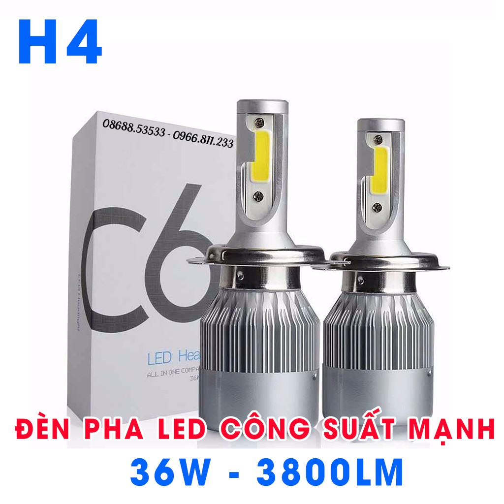 01 bóng đèn pha LED xe máy, ô tô H4 HB2 9003 C6 siêu sáng 36W