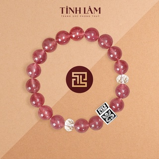 Tinh lâm vòng tay phong thủy đá thạch anh dâu tây 9,5 li - charm vuông sen phối đá thạch anh
