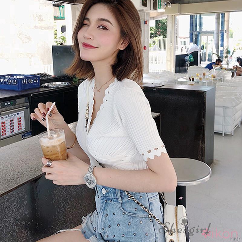 Women V Neck Solid Sexyshort Sleeve Knitted Slim T-Shirt | BigBuy360 - bigbuy360.vn