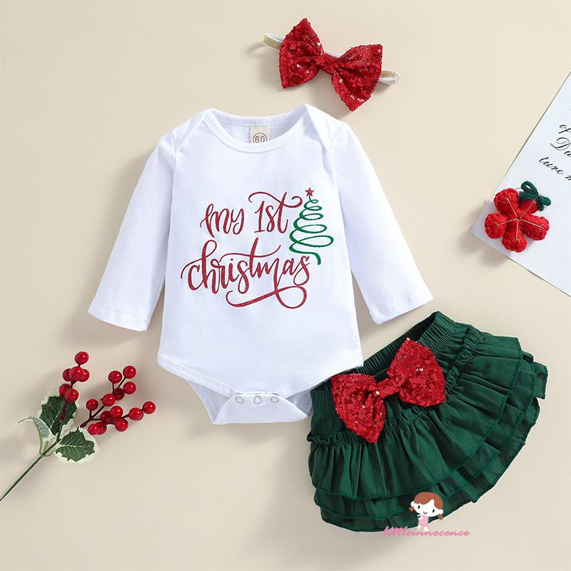 Bộ áo liền quần tay dài cổ tròn in chữ My First Christmas + quần short đính nơ + băng đô đính kim sa lấp lánh cho bé sơ sinh 7 tuổi