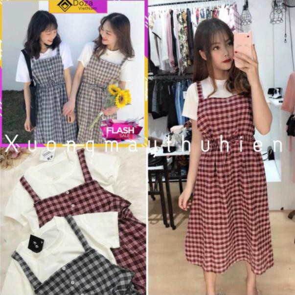 Váy yếm kẻ caro 2 dây có dây buộc eo / Váy yếm caro babydoll bánh bèo tiểu thư siêu xinh  ྇