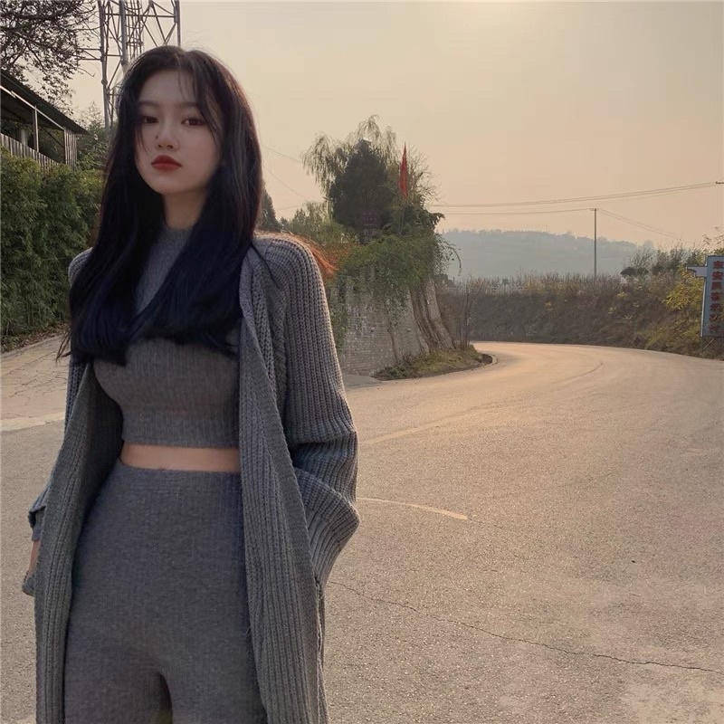 SET CARDIGAN DÀI QUẦN ỐNG LOE LEN TĂM MÀU XÁM PHONG CÁCH HÀN QUỐC