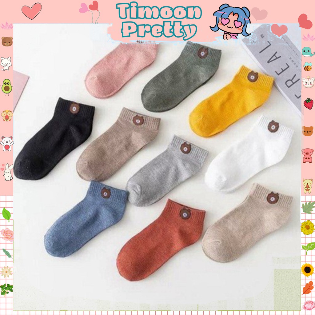 Tất Vớ Nữ Ulzzang Trơn Cổ Ngắn, Cổ Thấp Hình Gấu Brown Phong Cách Vintage Hot