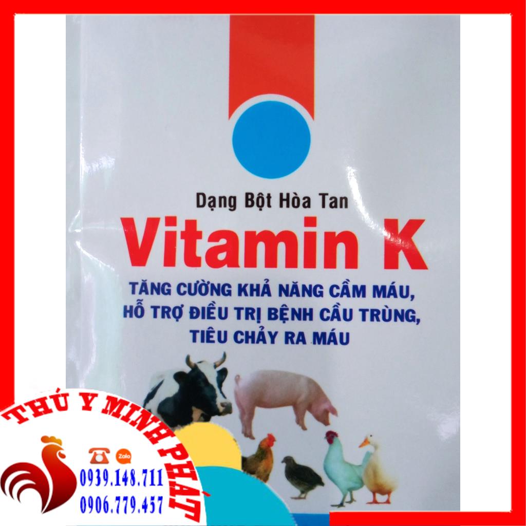 VITAMIN K GÓI 100g Cung cấp vitamin K, giúp cầm máu nhanh Dùng tốt khi cắt mỏ, cắt đuôi, thiến lợn, chó, mèo