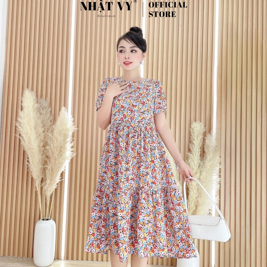 Đầm đi biển Nhật Vy cổ tròn tay ngắn Váy hoa nhí chất mango phù hợp dạo phố cafe sang chảnh - D2431