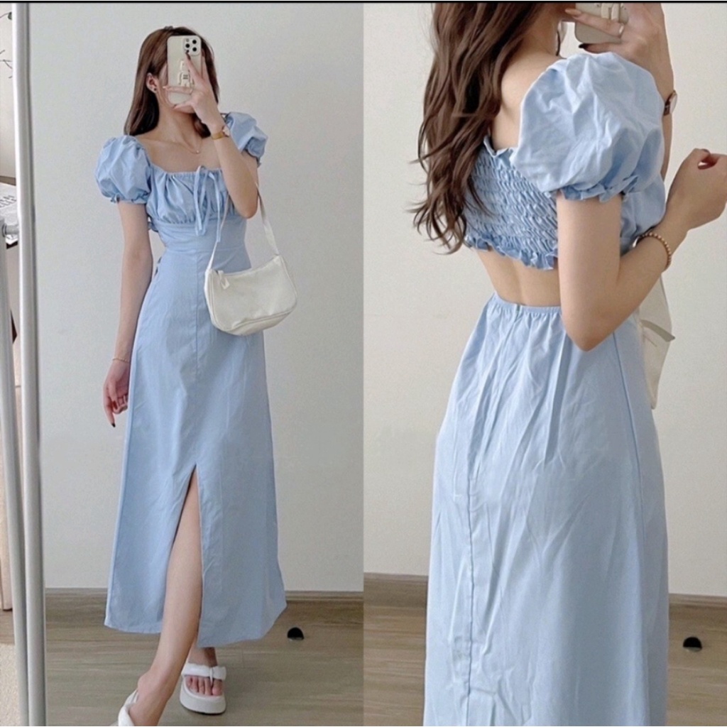 Đầm Váy Maxi Đi Biển Trễ Vai Tay Bồng Lưng Chun Xẻ Tà - Hanju