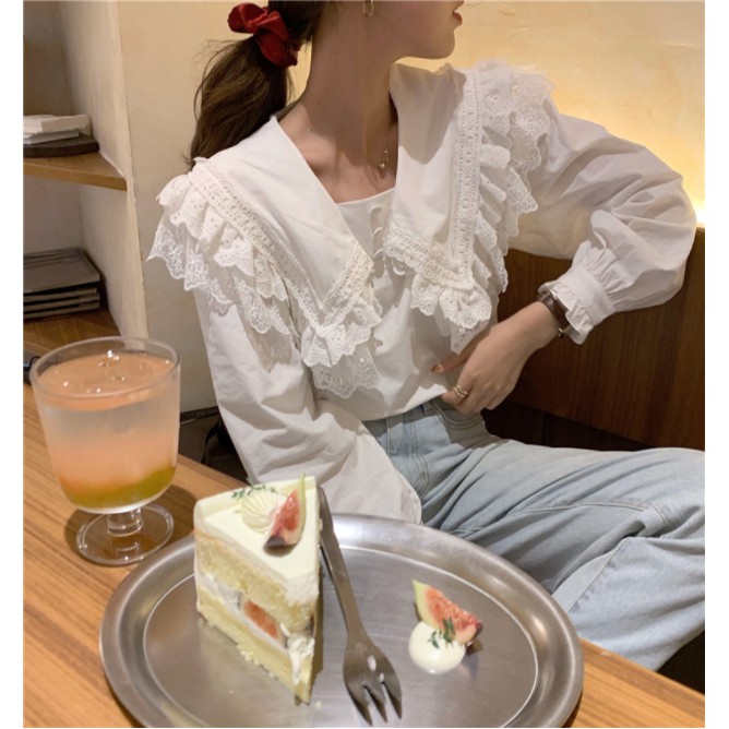 Áo sơ mi nữ viền ren cúc bọc tay dài màu trắng be phong cách thời trang Hàn Quốc -CKA169 | BigBuy360 - bigbuy360.vn