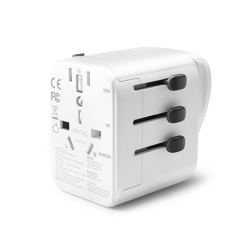 Bộ sạc du lịch RAVPower Sạc nhanh 30W Nhỏ gọn và kiểu dáng đẹp 3 cổng USB +1 USB-C RP-PC099