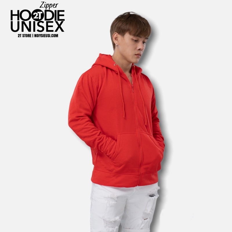 Áo hoodie zipper unisex 2T Store HZ08 màu đỏ tươi - Áo khoác nỉ dây kéo nón 2 lớp dày dặn chất lượng đẹp