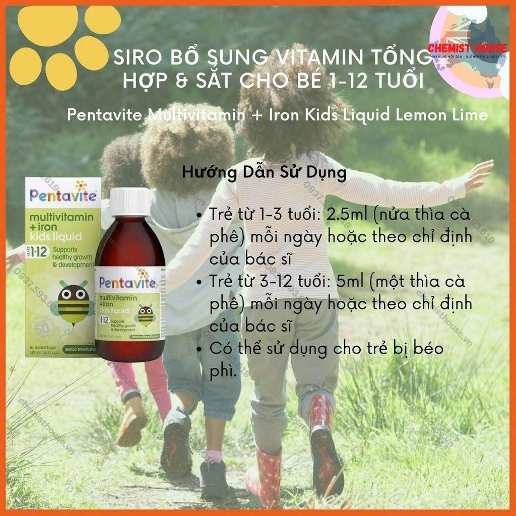 Siro Bổ Sung Vitamin Tổng Hợp & Sắt Cho Bé 1-12 Tuổi Pentavite Multivitamin + Iron Kids Liquid Lemon Lime 200ml NEW