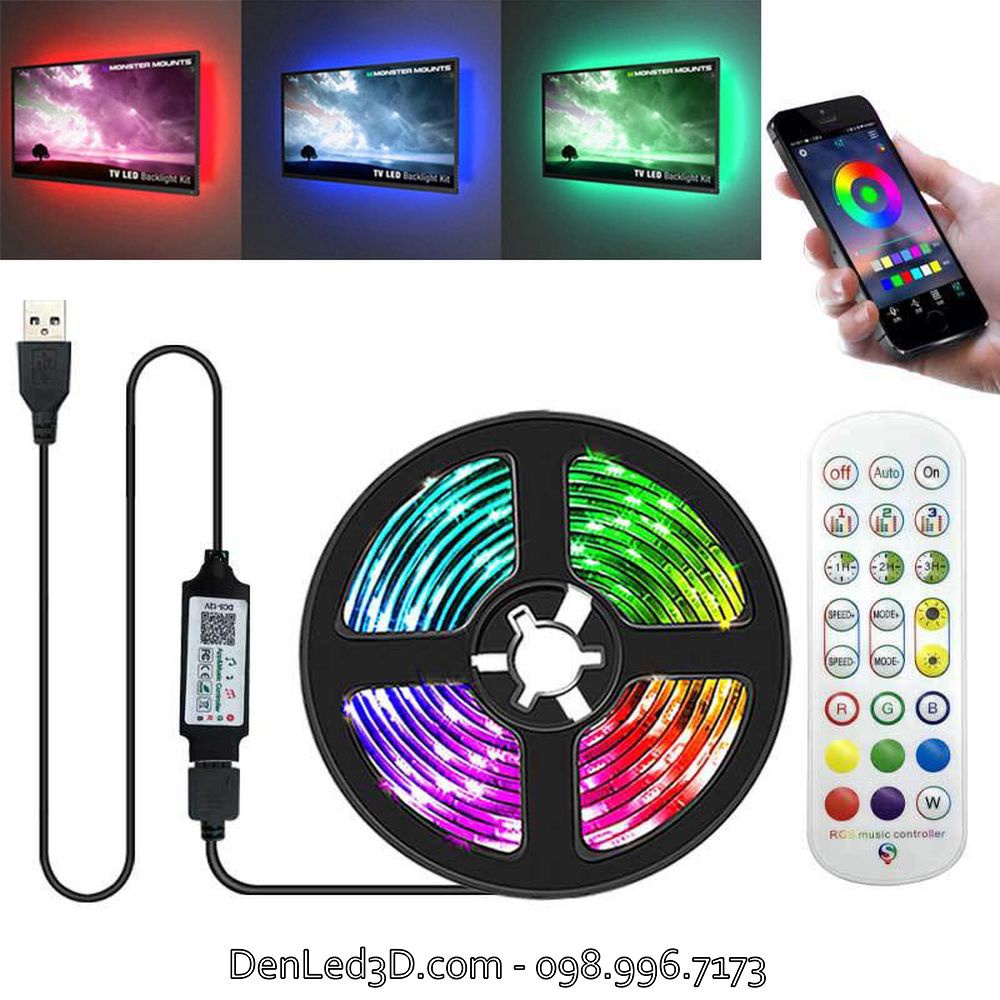 Dây Led 5050 RGB Bluetooth Trang Trí TV, Case PC Điều Khiển Remote Cảm Biến Nhạc, Nguồn USB