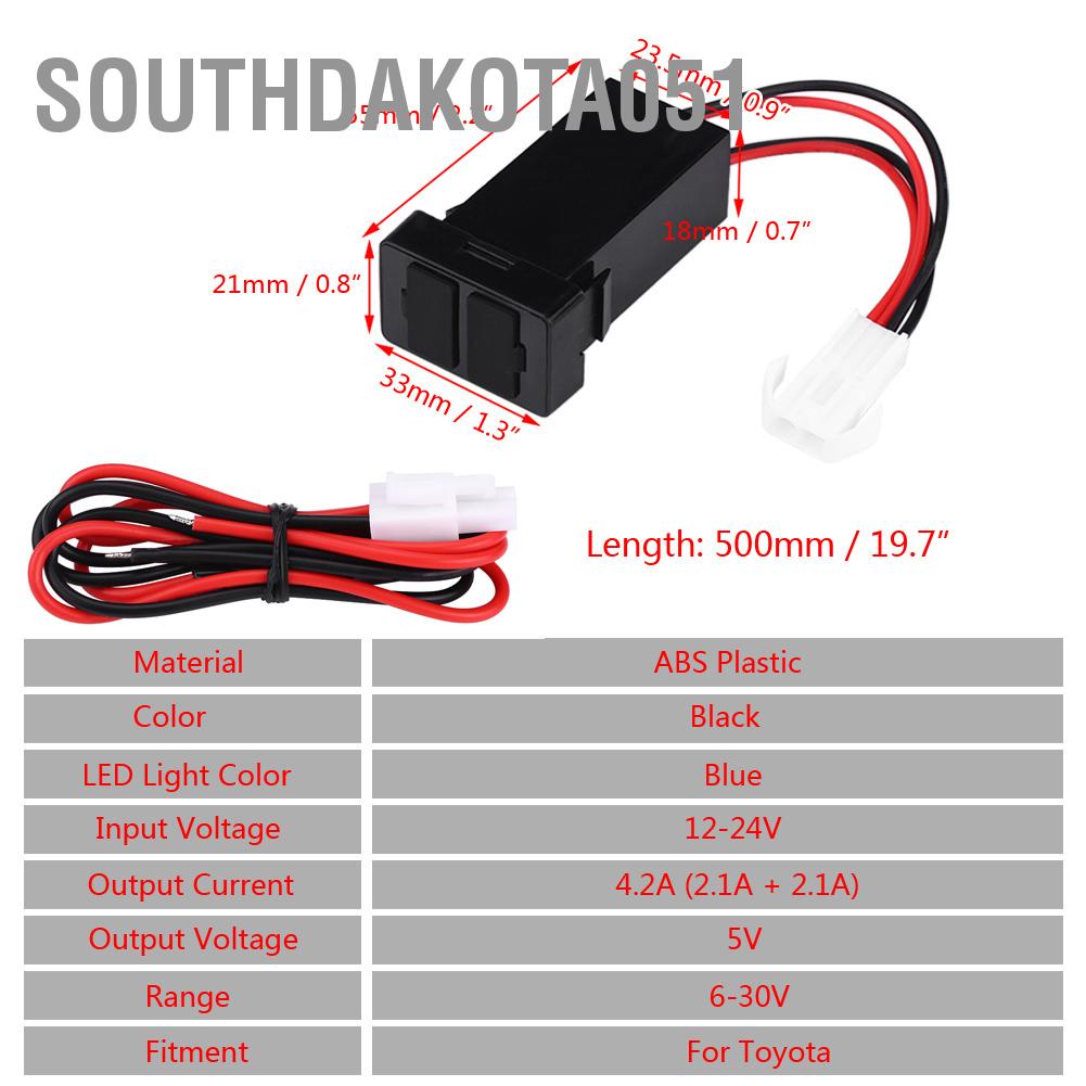Southdakota051 12V-24V 2.1A Dual USB Port Car Charger Power Adapter Socket for Toyota Cellphone