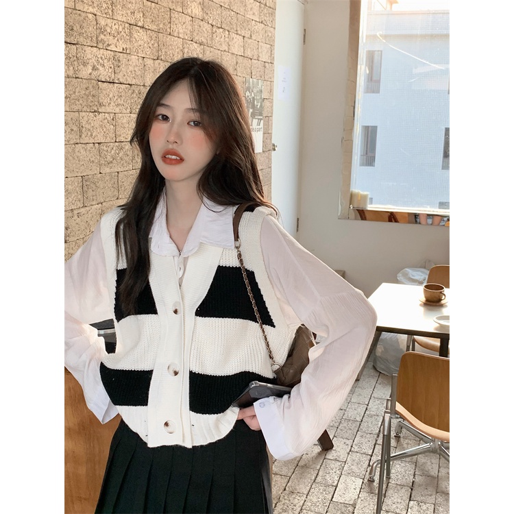 Áo cardigan NZN dệt kim không tay dáng rộng kẻ sọc phối màu phong cách Hàn Quốc thời trang mùa hè