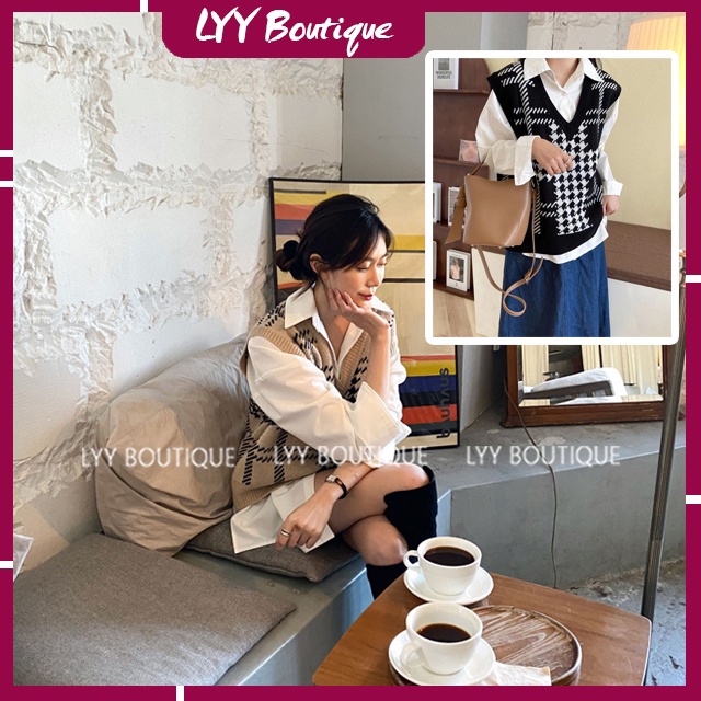 Áo gile nữ cổ V họa tiết kẻ siêu xinh dáng dài rộng chất đẹp Quảng Châu LYY BOUTIQUE