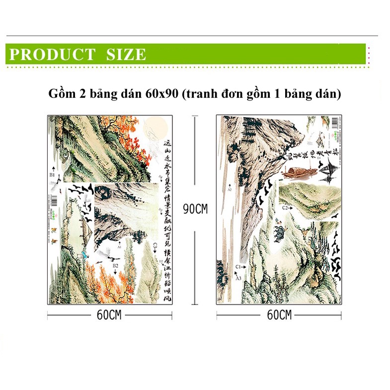 Tranh kép dán tường Sơn Thủy hữu tình, Decal phong cảnh trang trí KT 190x140cm