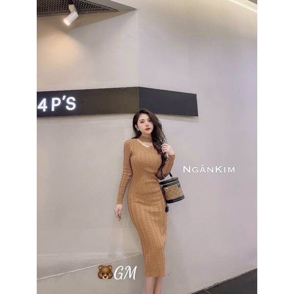 Váy len thừng body cổ khoét tim