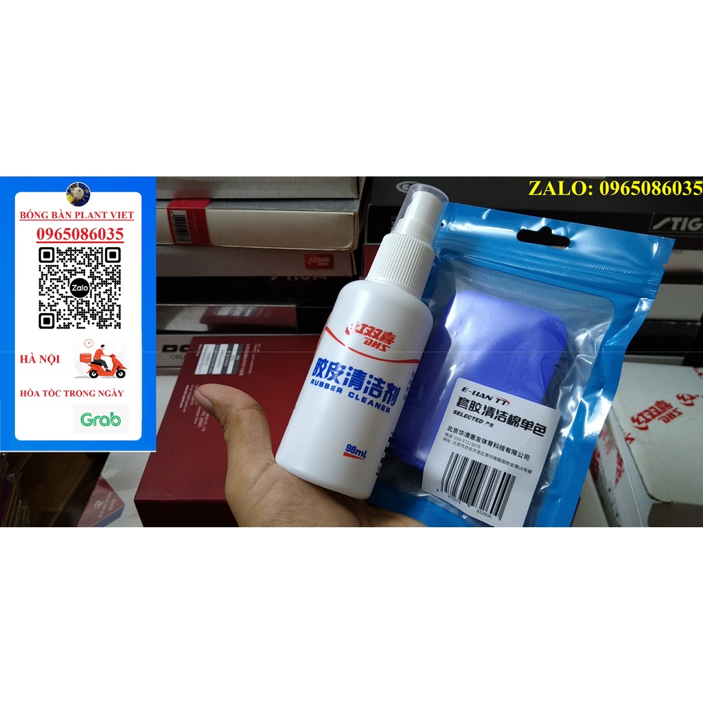 Dung dịch vệ sinh mặt vợt DHS, mút lau mặt vợt E-lian xanh, đỏ chuyên dụng cho các loại mặt tàu