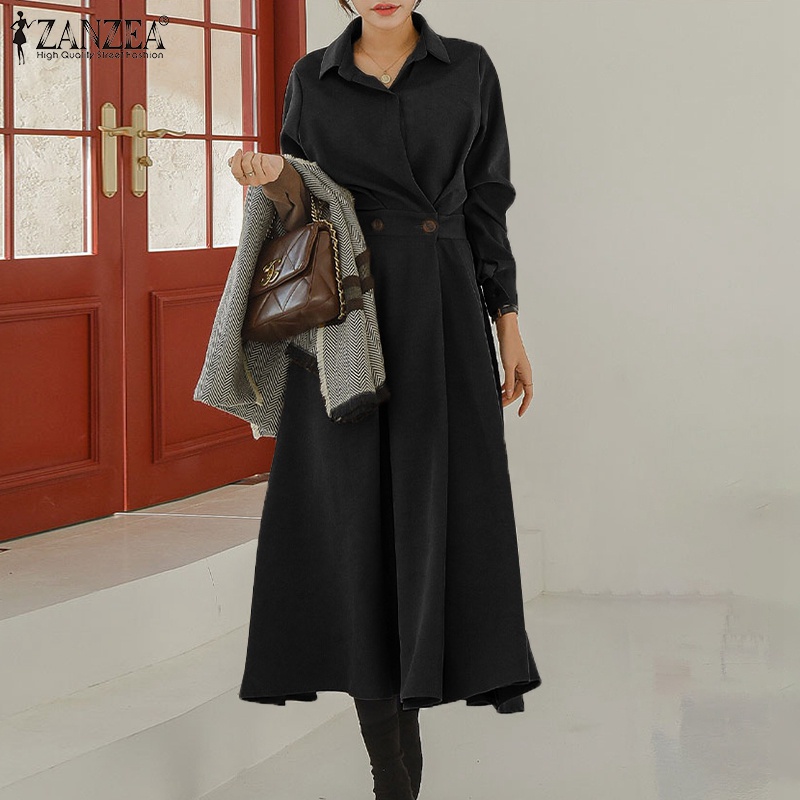 Đầm maxi Zanzea thời trang nữ dài tay eo cao co giãn xếp ly phong cách hàn quốc