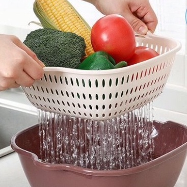 Bộ 3 rổ vuông 2 lớp Việt Nhật- Bộ rổ kèm chậu hứng nước rửa rau củ đựng hoa quả trái cây