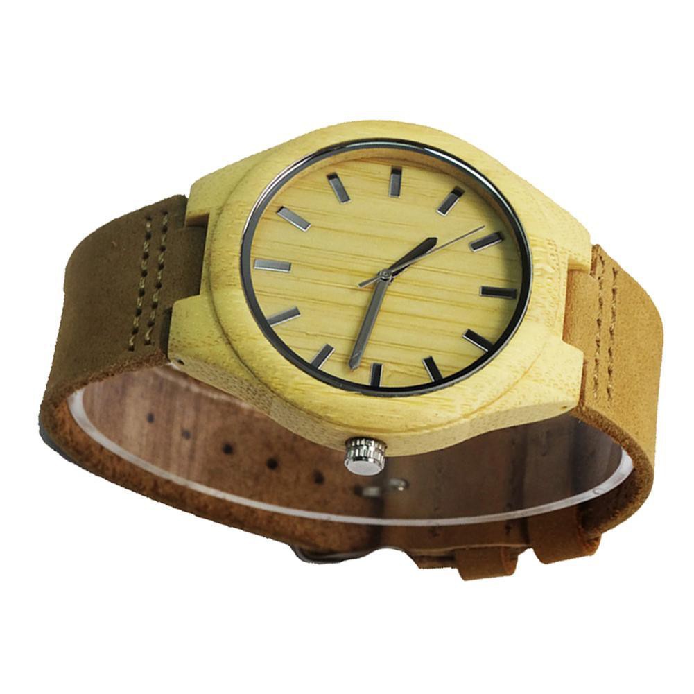 Wristwatch Male Handmade Wooden Quartz Watch Leather Strap Bamboo Wood