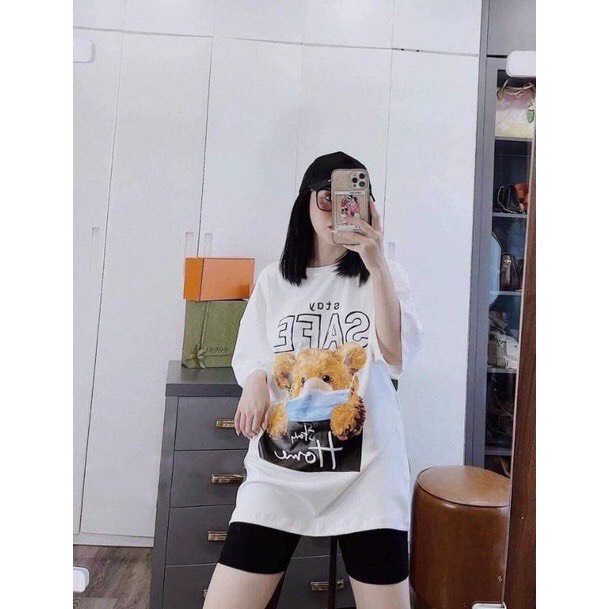 Áo thun nữ, Áo thun tay lỡ in hình Gấu Unisex nam nữ  Cotton oversize form rộng