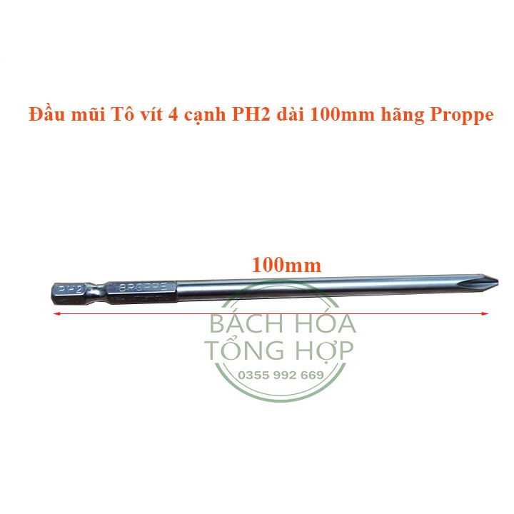 Đầu mũi Tô vít 4 cạnh PH2 dài 100mm hãng BROPPE